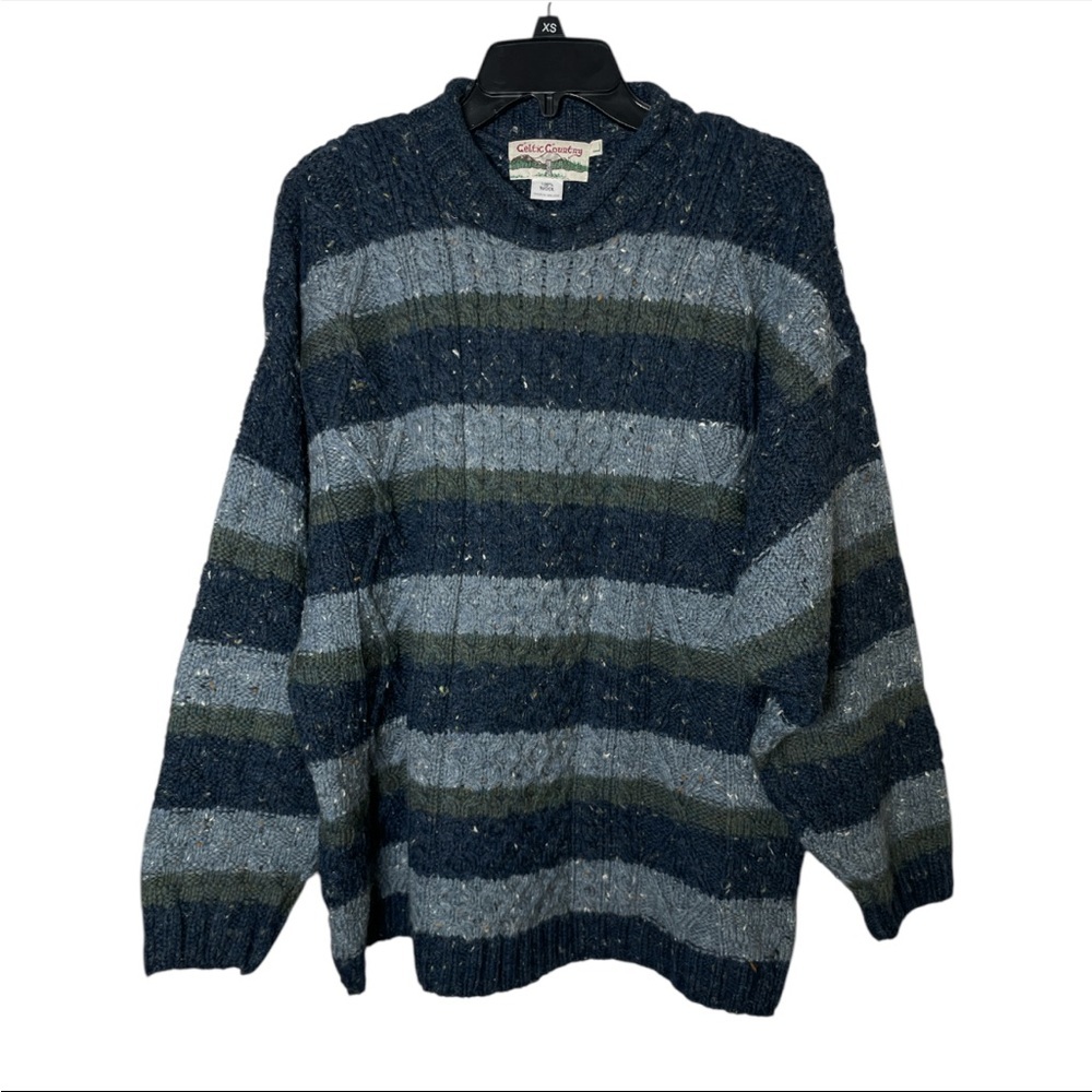 CELTIC COUNTRY men STRIPED CABLE KNIT ROLL NECK SWEATER 100% WOOL IRELAND SIZE L